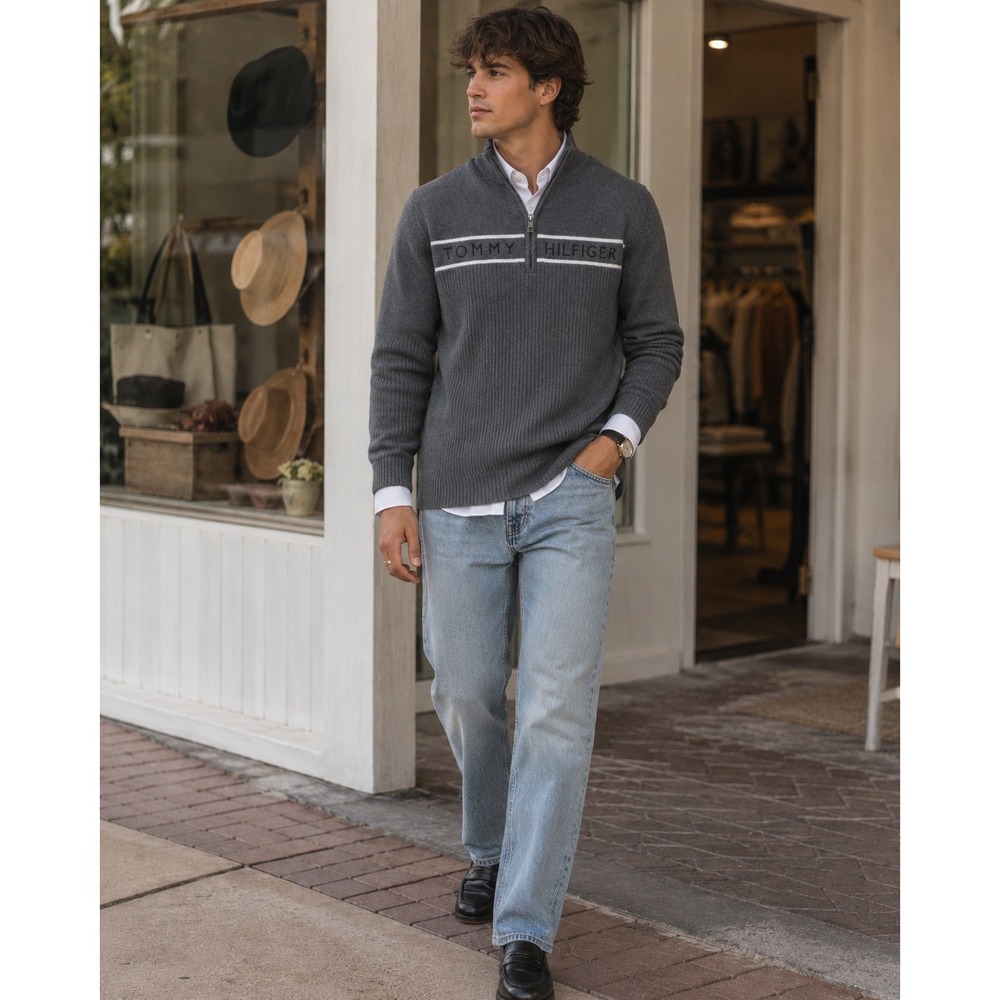 Tommy Hilfiger 100% Cotton Quarter Zip Ribbed Sweater Gray Large Y2K Preppy